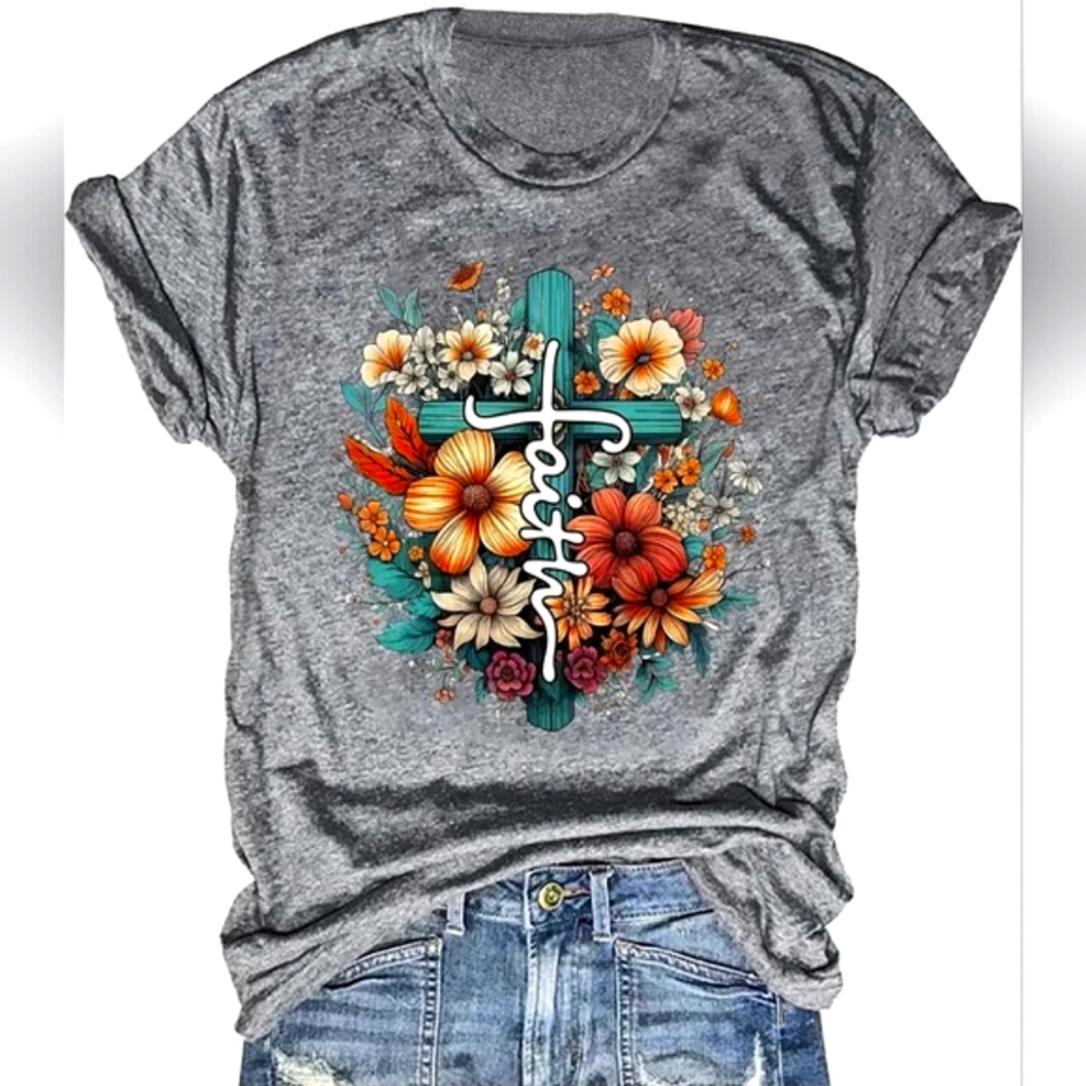 New Faith grey floral cross tee soft polyester grey
